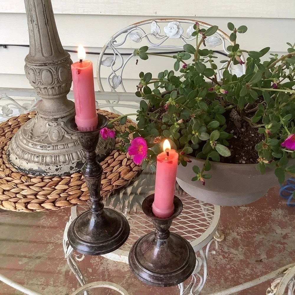 Vintage Antique Patina Silver Tone Candlesticks Taper Candle Holders